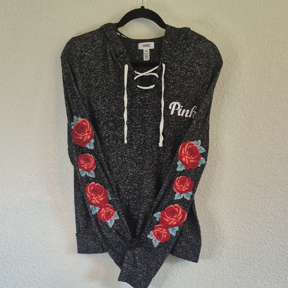 Victoria's Secret PINK Hoodie with Red Rose Embroidery Sleeves Lightweight Large